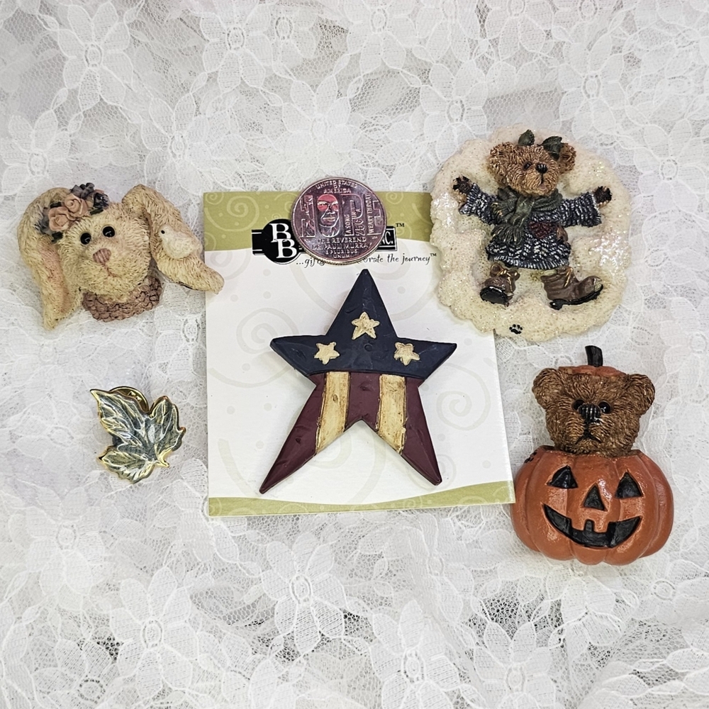 Holiday Lapel Pins • Vintage • Set of 5 • Brooch • Boyds Bears • Enamel • Metal